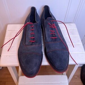 Navy Blue Suede Oxford Dress Shoes with Red Sole, Size 13